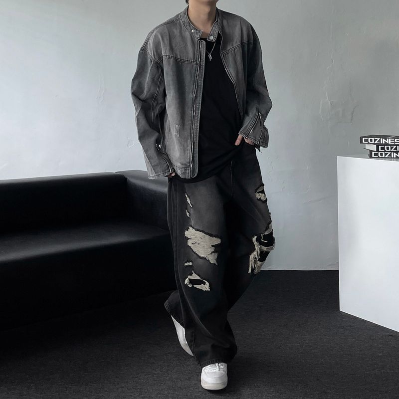 Gray Damage Black Jeans Jacket (D784205639992)