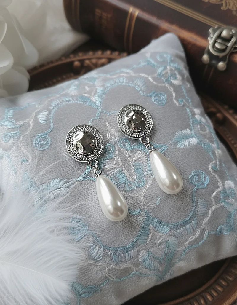 Ethnic Button and Long Pearl Earrings - Silver Color