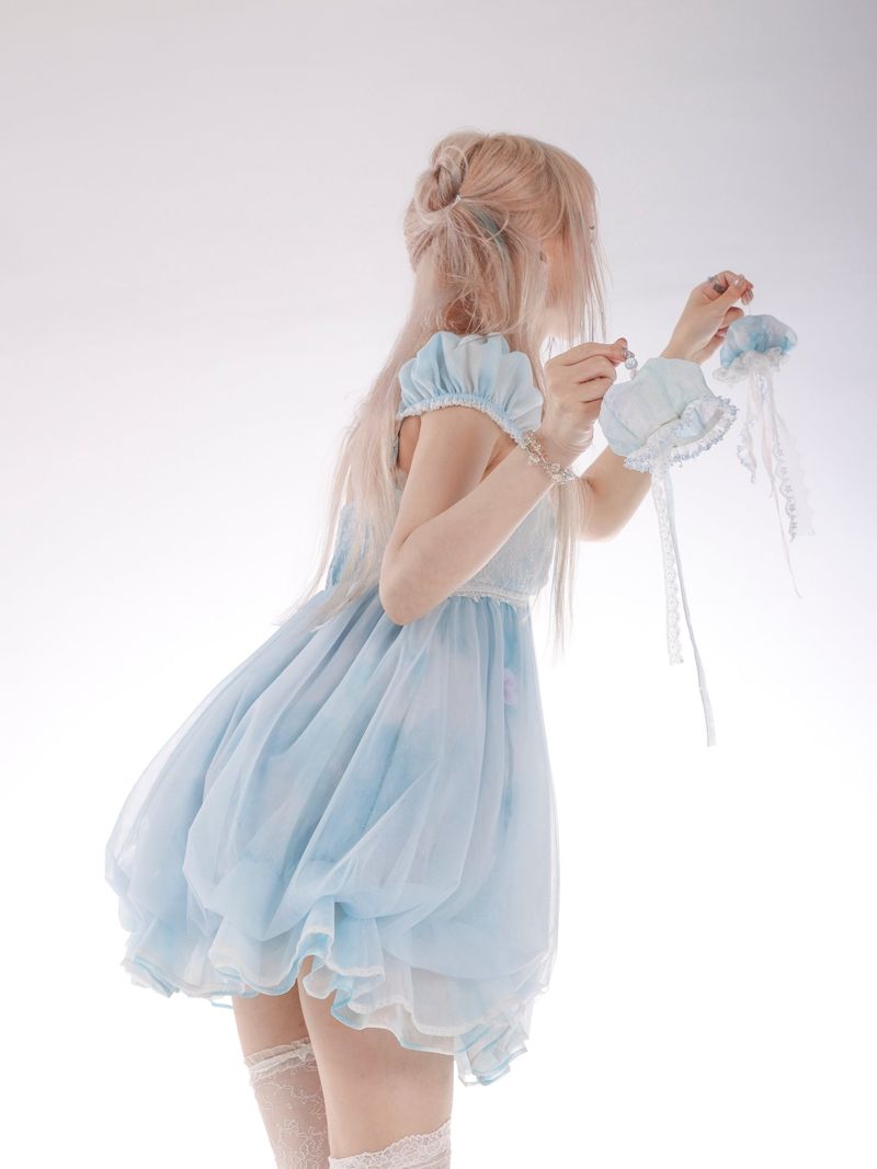 Rose Island Jellyfish Series Moonlight Girl Patchwork Lace Mesh Dress with Built-in Puffy Skirt