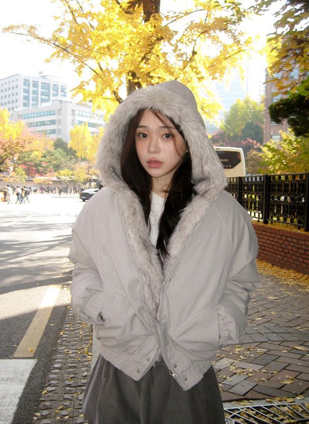 #Fur Hood Crop Zip-up Jumper (2color)