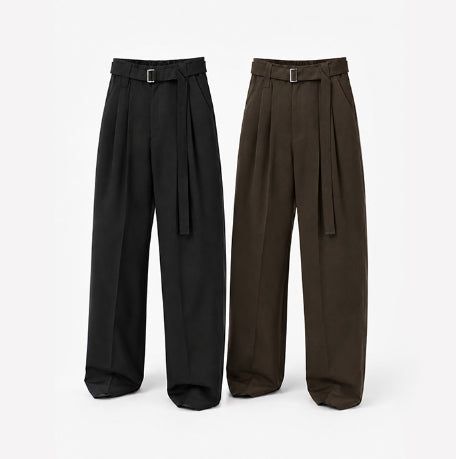 Melo Belted Two-Tuck Wide Slacks