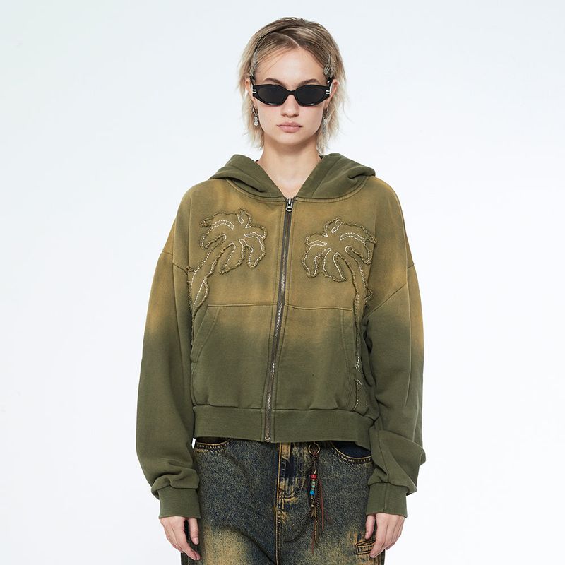 Sserpe(セルぺ)の「Applique Bleach Washing Crop Hoodie Zip Up Khaki(Tops)」