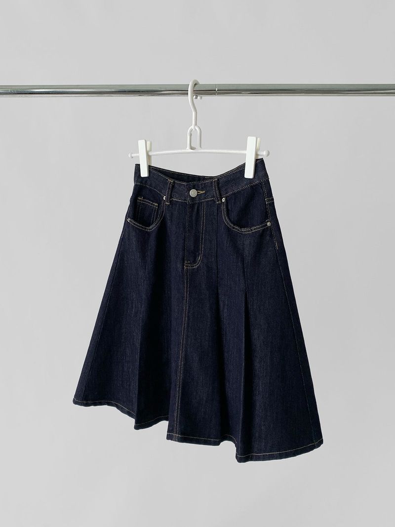 Dark blue raw cotton flared pleats midi skirt