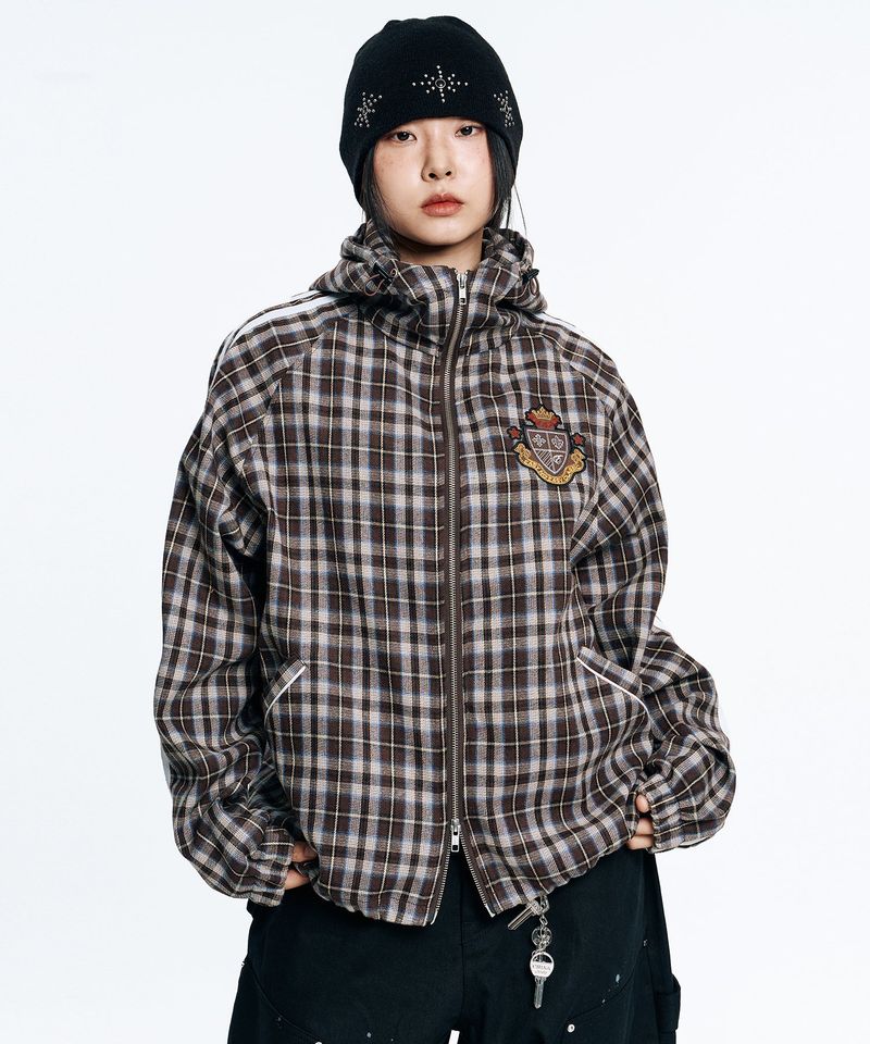 EASY NO EASY(イージーノーイージー)の「Emblem Check Windbreaker Jacket - Brown(Tops)」