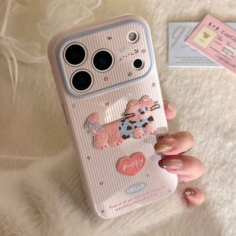 Embroidered Blue Pink Cat Soft iPhone Case