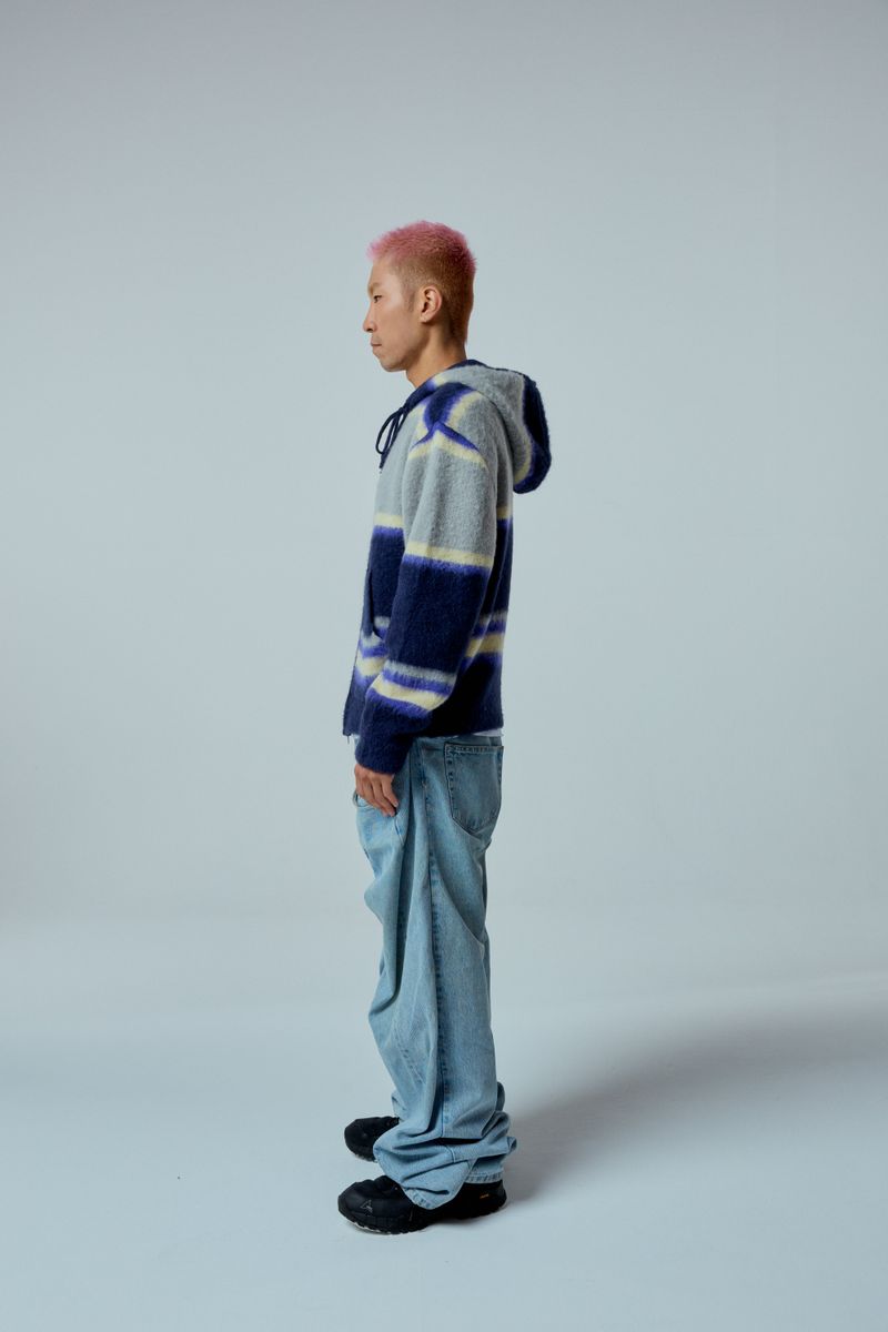 EEERRR Stripe brushed wool knit hoodie zip-up (Navy)