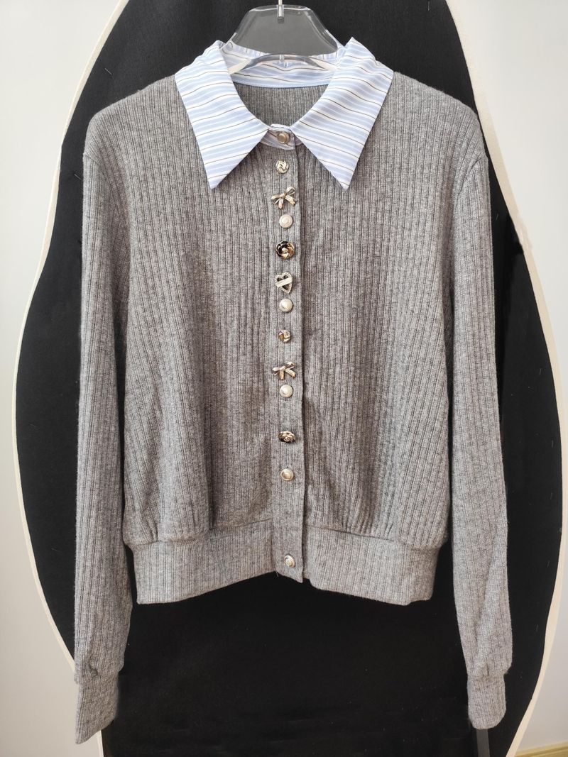 Brooklyn Silver Grey Button Craft Stripe Collar Knit Cardigan