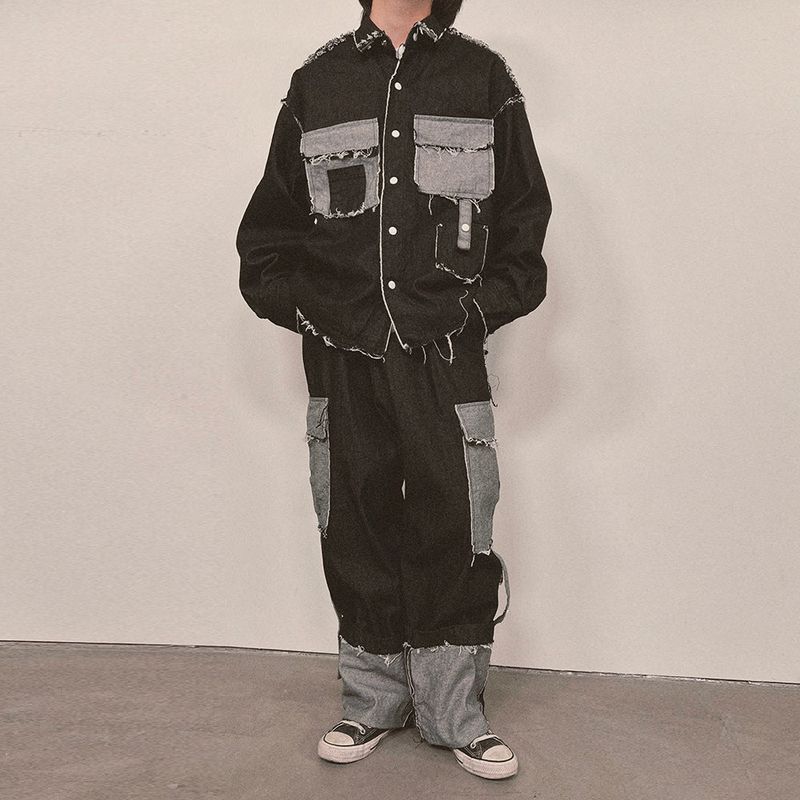 grunge roll-up denim pants_black
