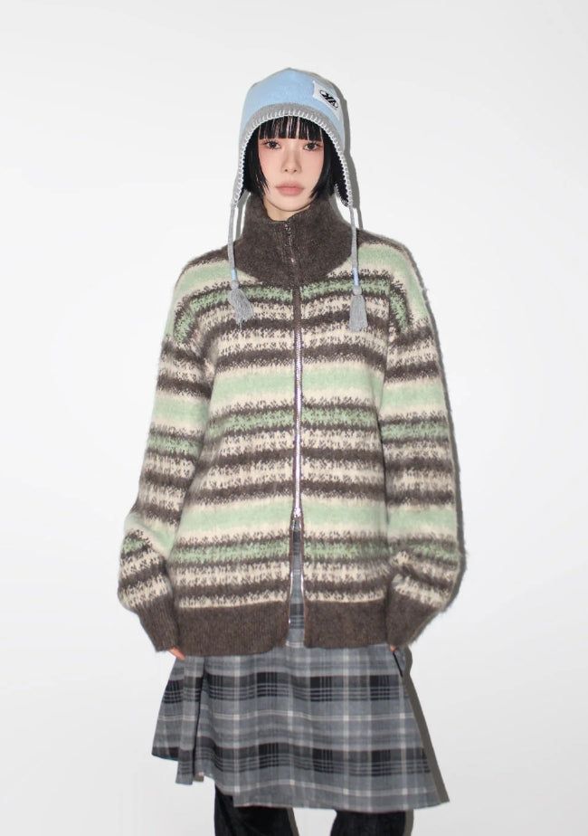 AAKE(アケ)の「HAIRY STRIPE KNIT ZIP-UP(Tops)」