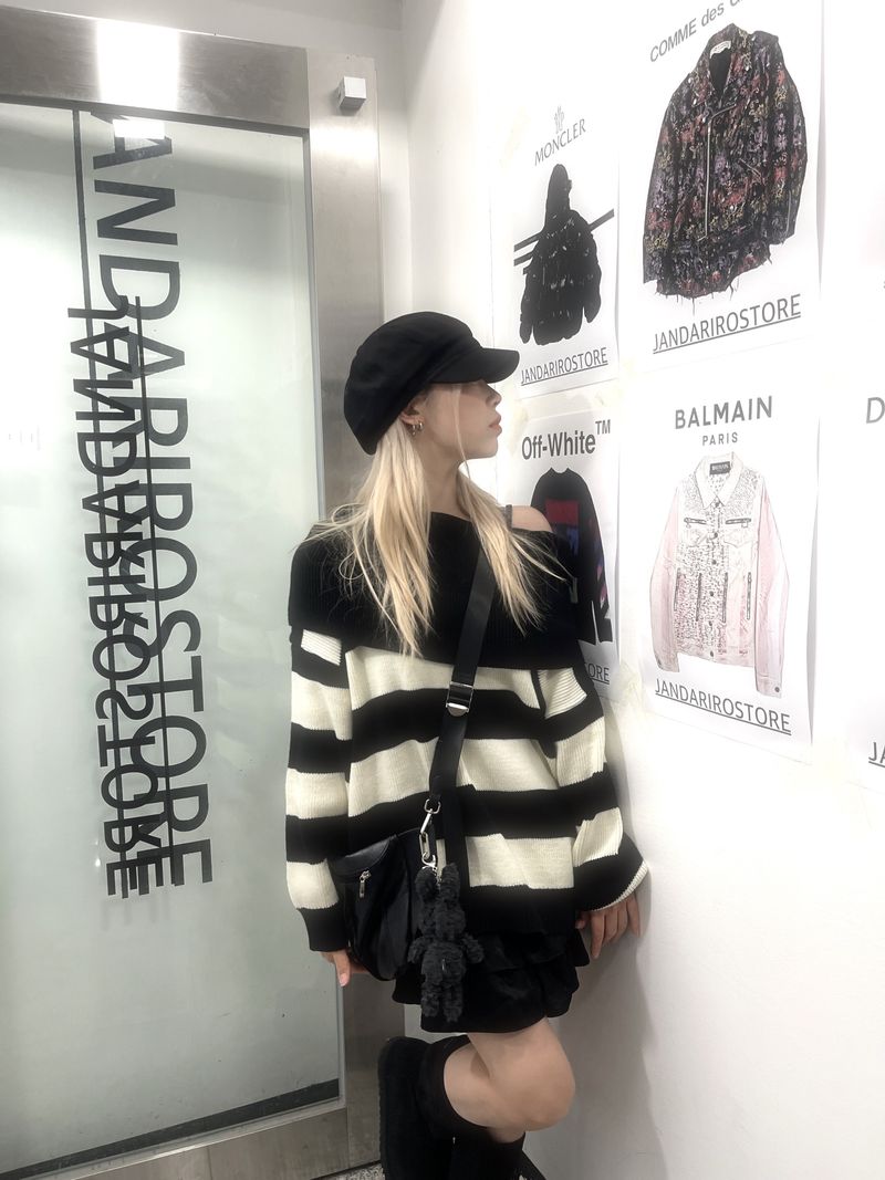 Off-shoulder Oversized Fit Stripe Knitwear
