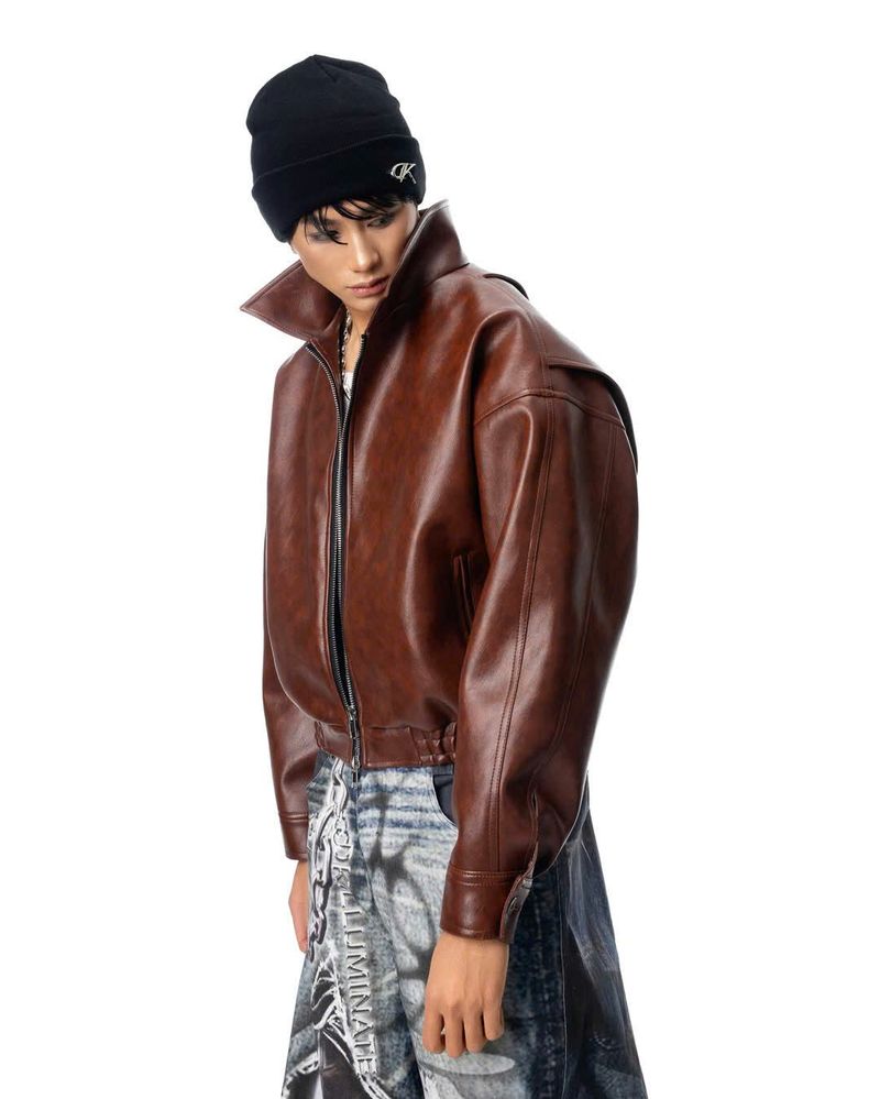 OVERSIZED LEATHER BOMBER JACKET (Brown)