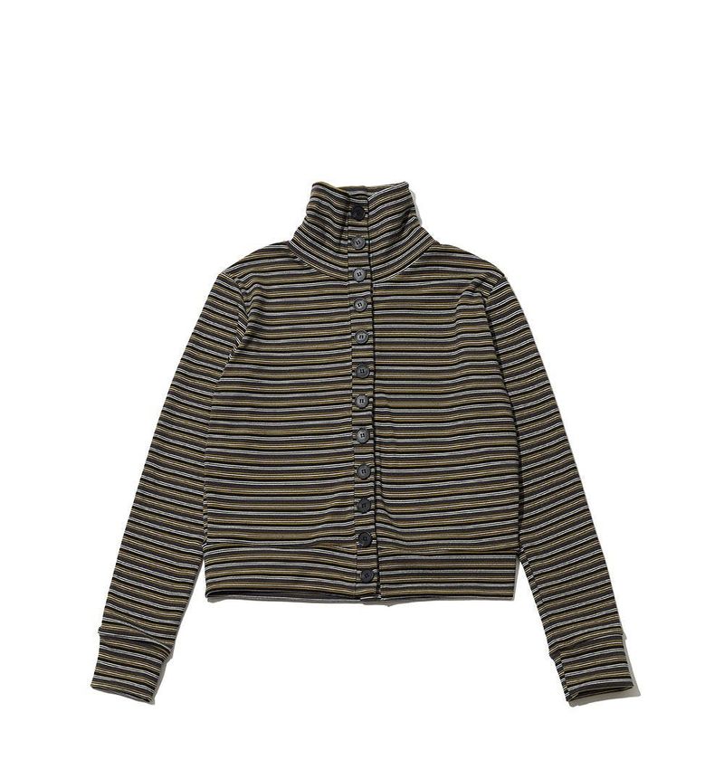 STRIPED HIGH NECK BUTTON CARDIGAN - OLIVE
