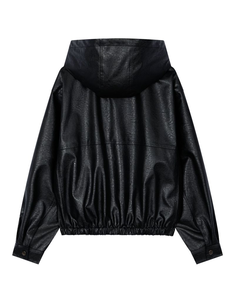 VEGAN LEATHER HOODED JACKET(BLACK)