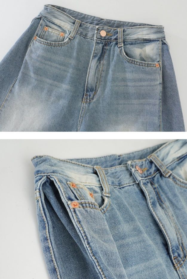 Side folding wide fit denim pants