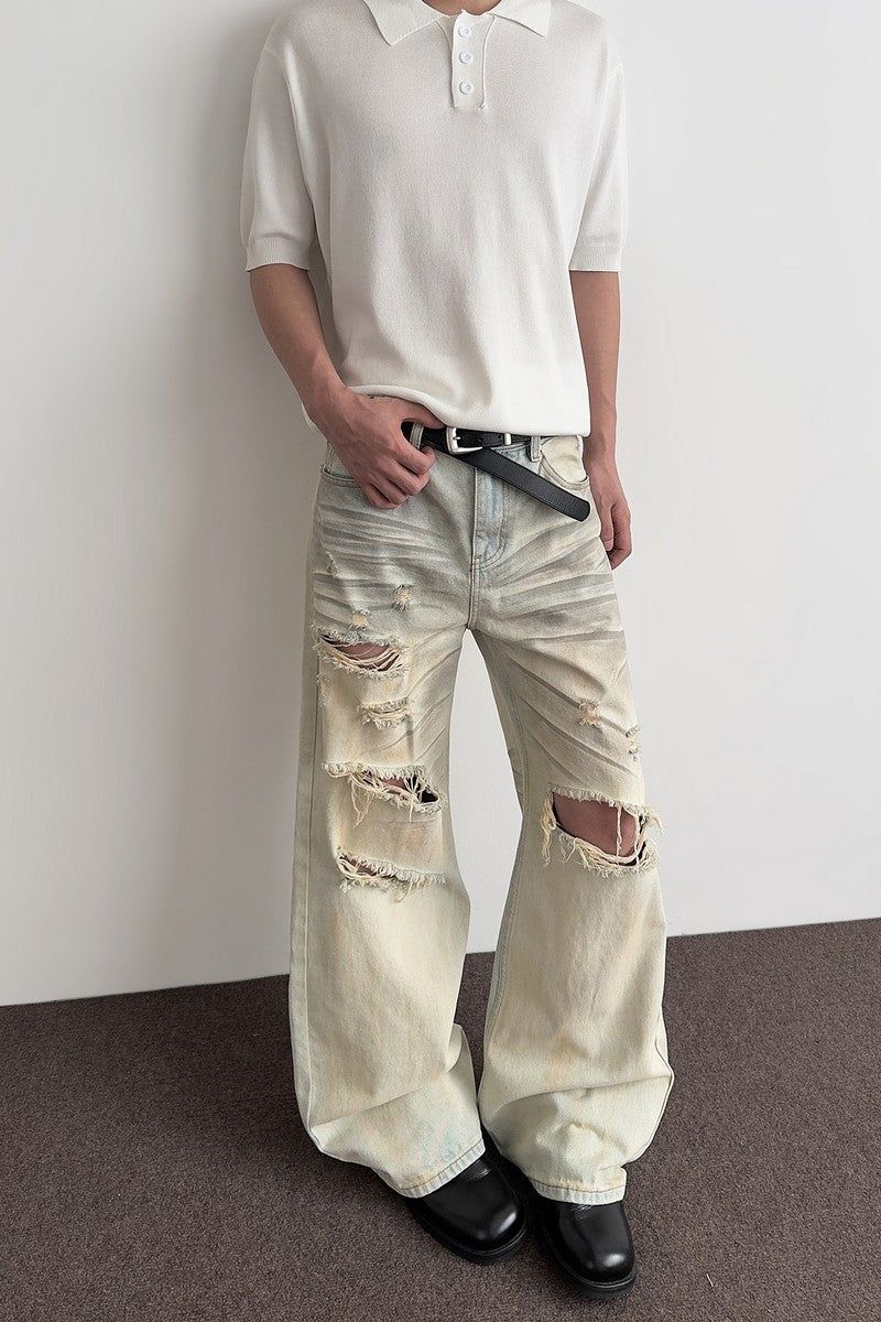 Faded Ripped Wide Jeans