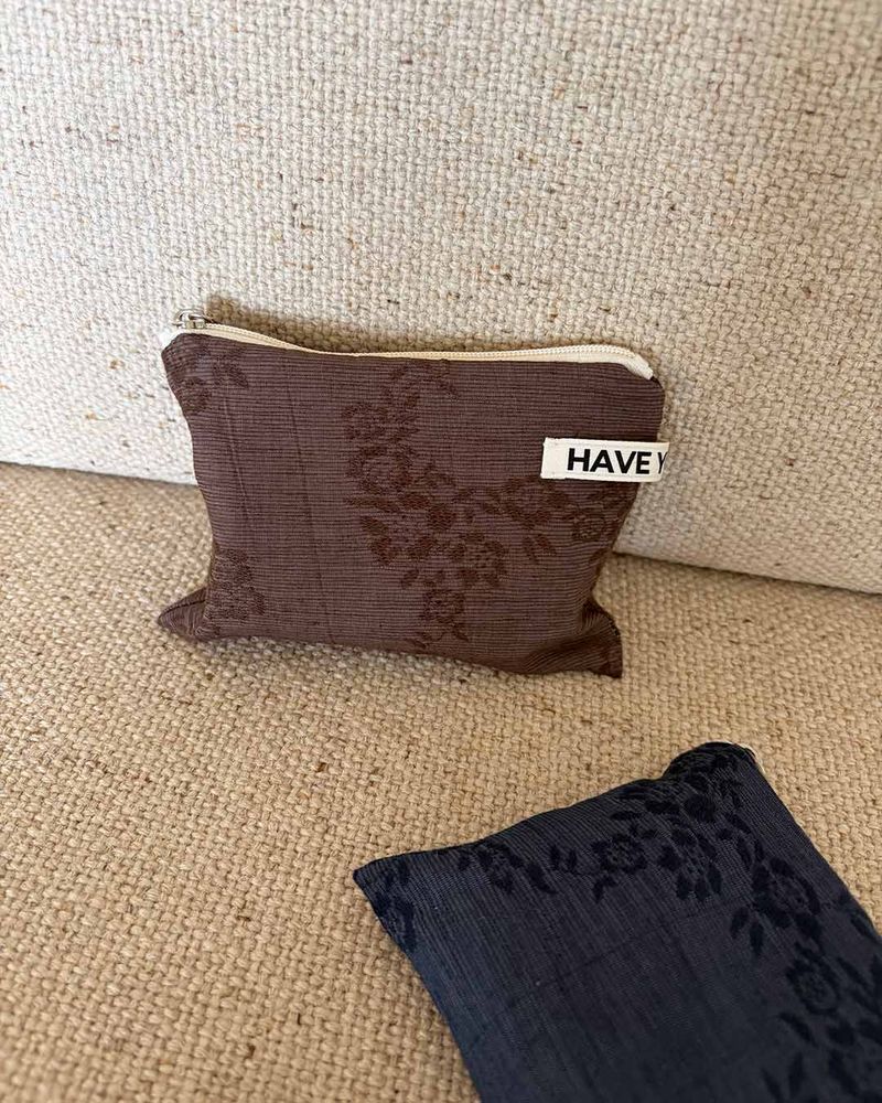 Linen floral flat pouch - brown , S size