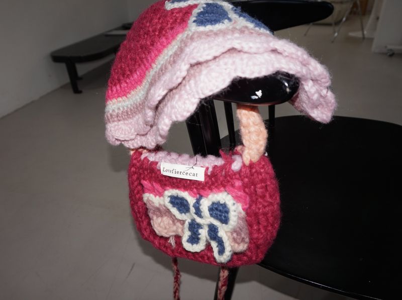 Hot Pink Knit Flower Bunk Hat & Bag Set