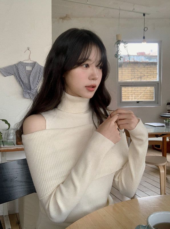 #Turtle Neck & Off Shoulder Layered Rib Knit (3color)