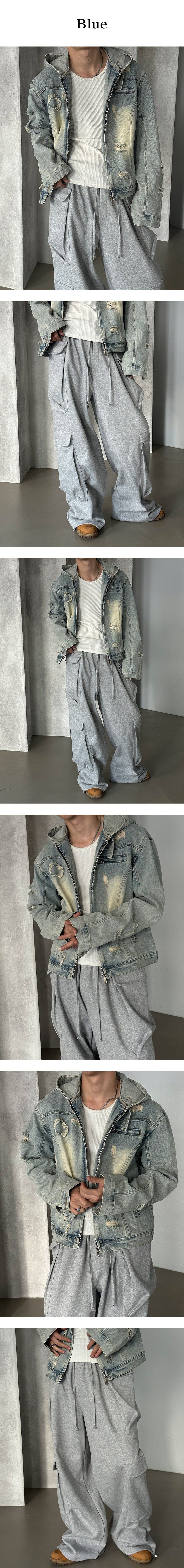 [Unisex] デストロイドデニムフードジャケット(2color)