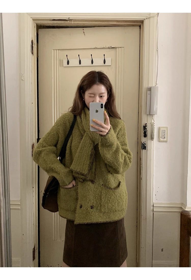 Green tea wool muffler knit cardigan