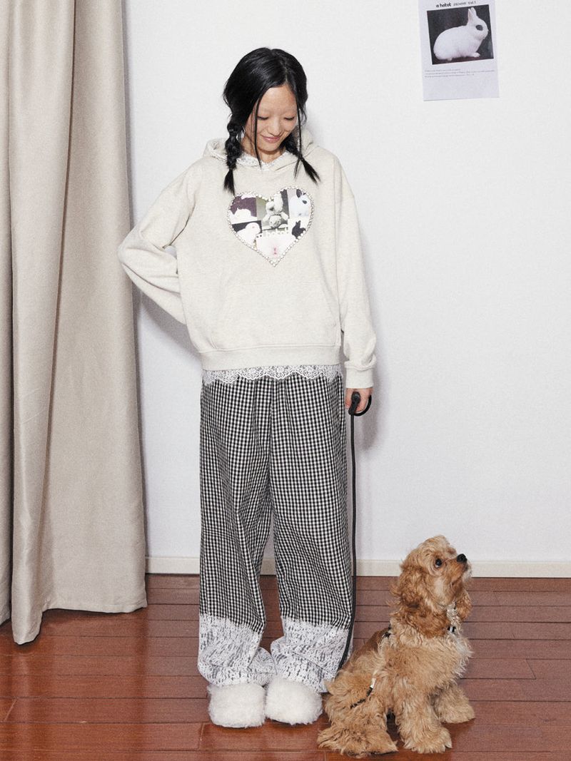 Rabbit printed , lace and rhinestone Hoodie