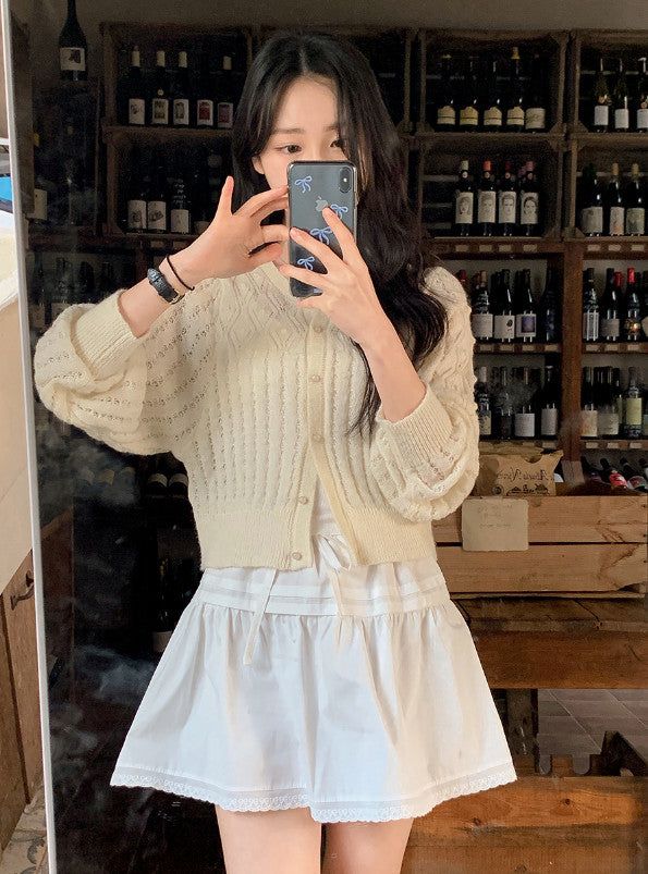 Pintuck String Ribbon Lace Mini Skirt (3color)