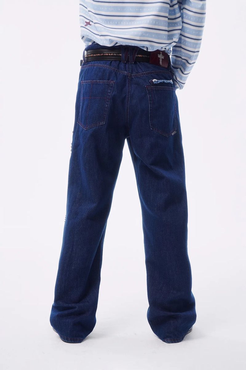 TOTEM RIVET FLOCKED DENIM PATCH STRAIGHT TAILORED JEANS