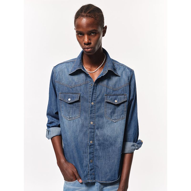 Blue sunflower(ブルーサンフラワー)の「Bluesf Flower Hotfix Washing Western Denim Shirt(Tops)」