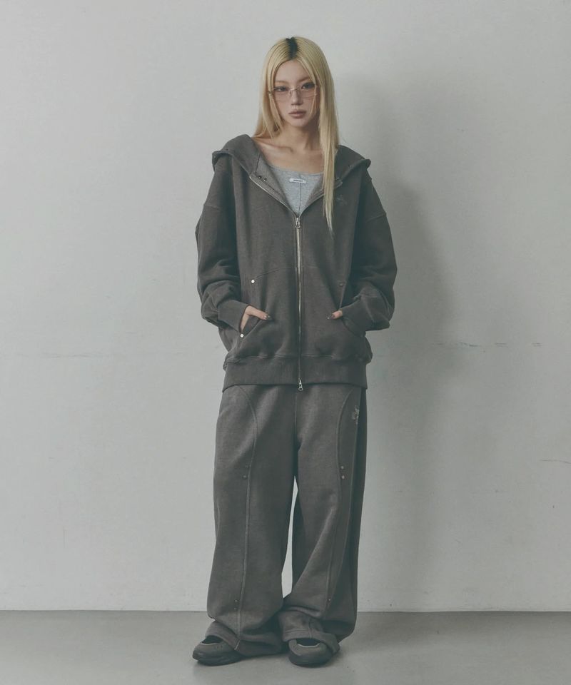 Cut-out Line Rivet Washed Track Pants [Cool Grey]