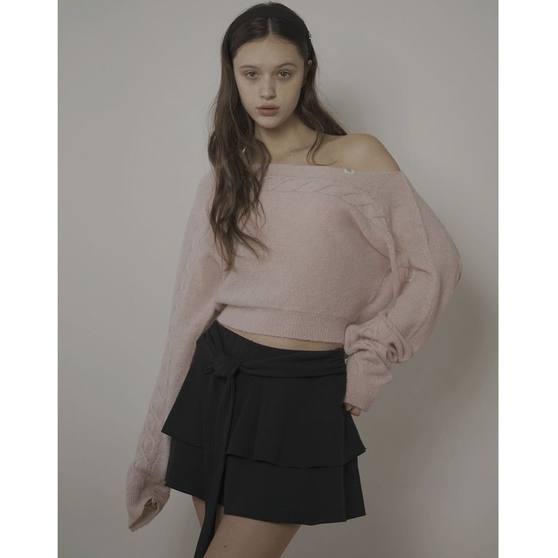 CABLE BOAT NECK KNIT-PINK