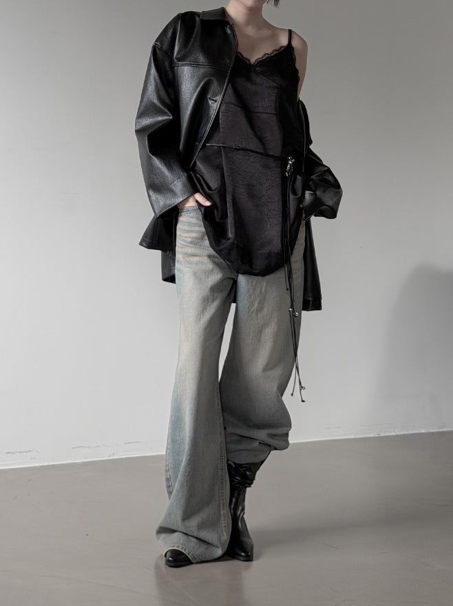 Met Button Cracked Leather Jacket