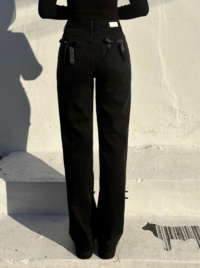 RIBBON SEMI-WIDE BLACK DENIM PANTS code 18318