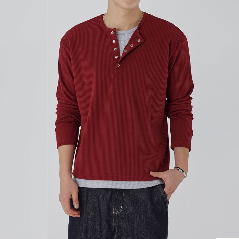 Ribbed Soft Henley Neck T-Shirt