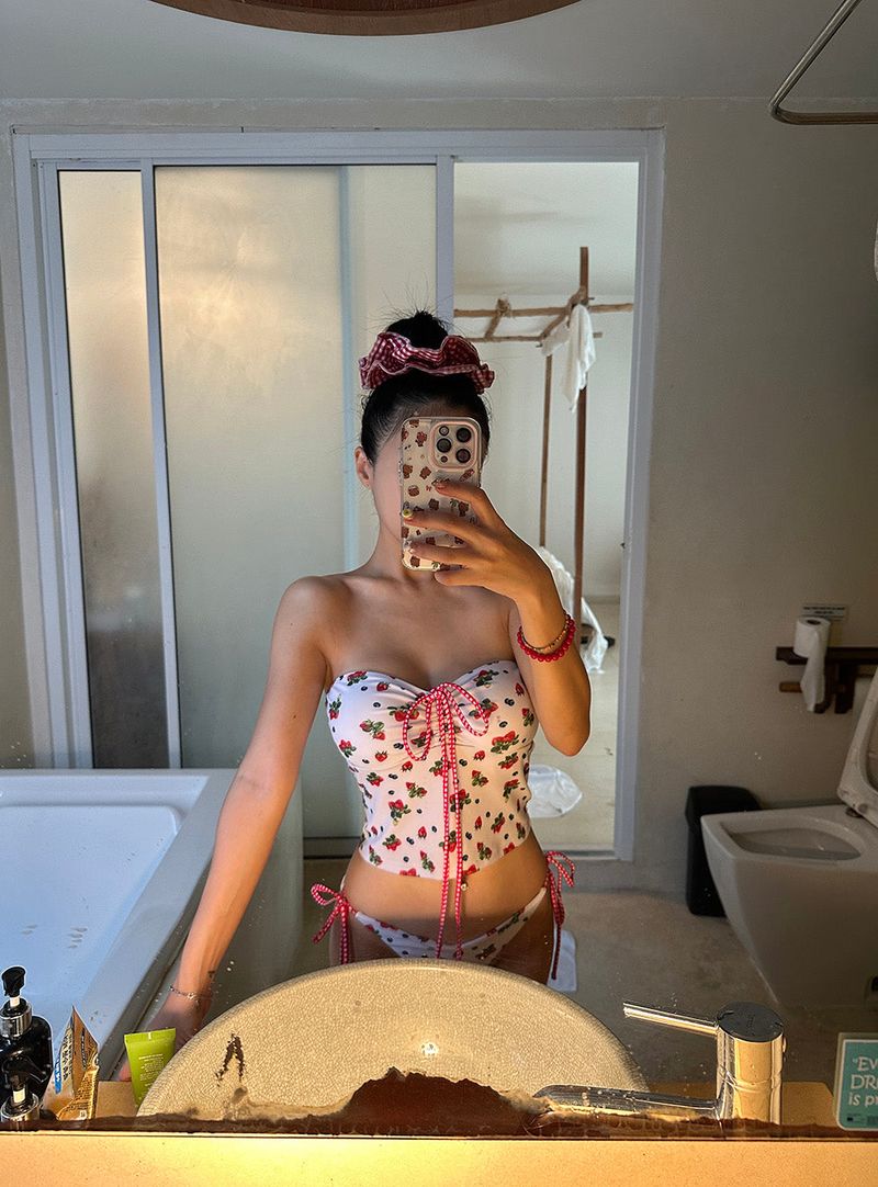 a strawberry tube top bikini