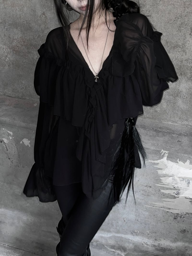 chiffon ruffle v-neck sheer blouse (2color)
