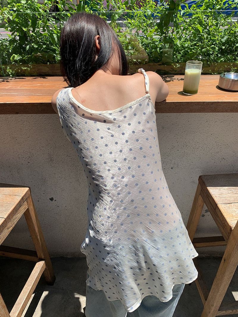 silk dot unbalanced sleeveless blouse top