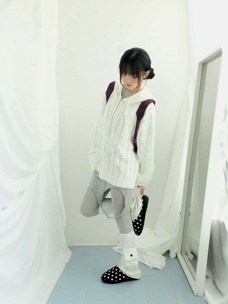 Punch Damage Hooded Knitwear Zip-Up