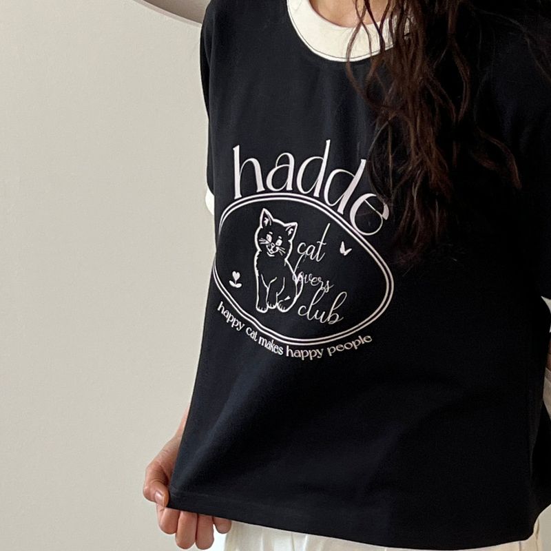 CAT VINTAGE DRAWING PINK PRINTING SEMI CROP T-SHIRTS BLACK