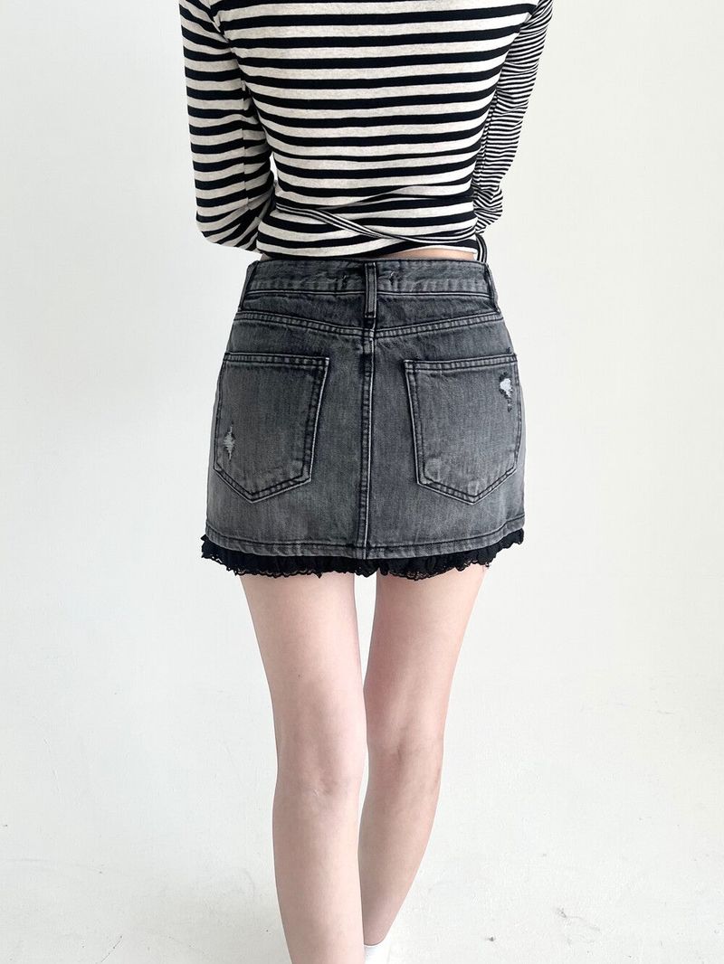 1482. denim frill damage mini skirt (2color)