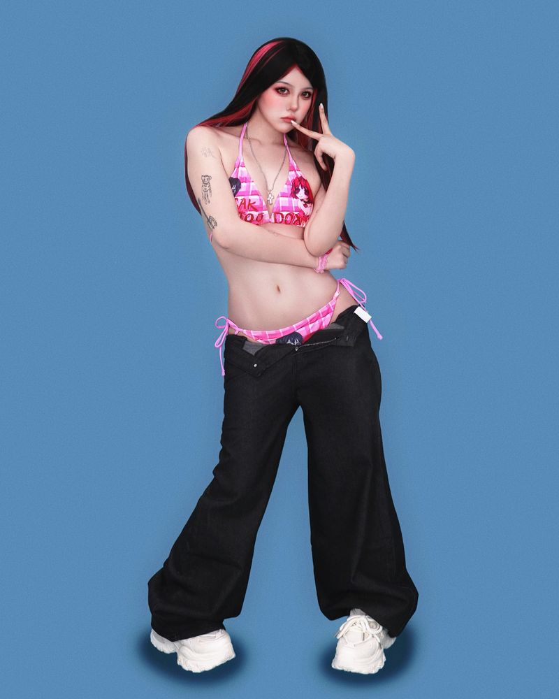 pink stone black denim pants