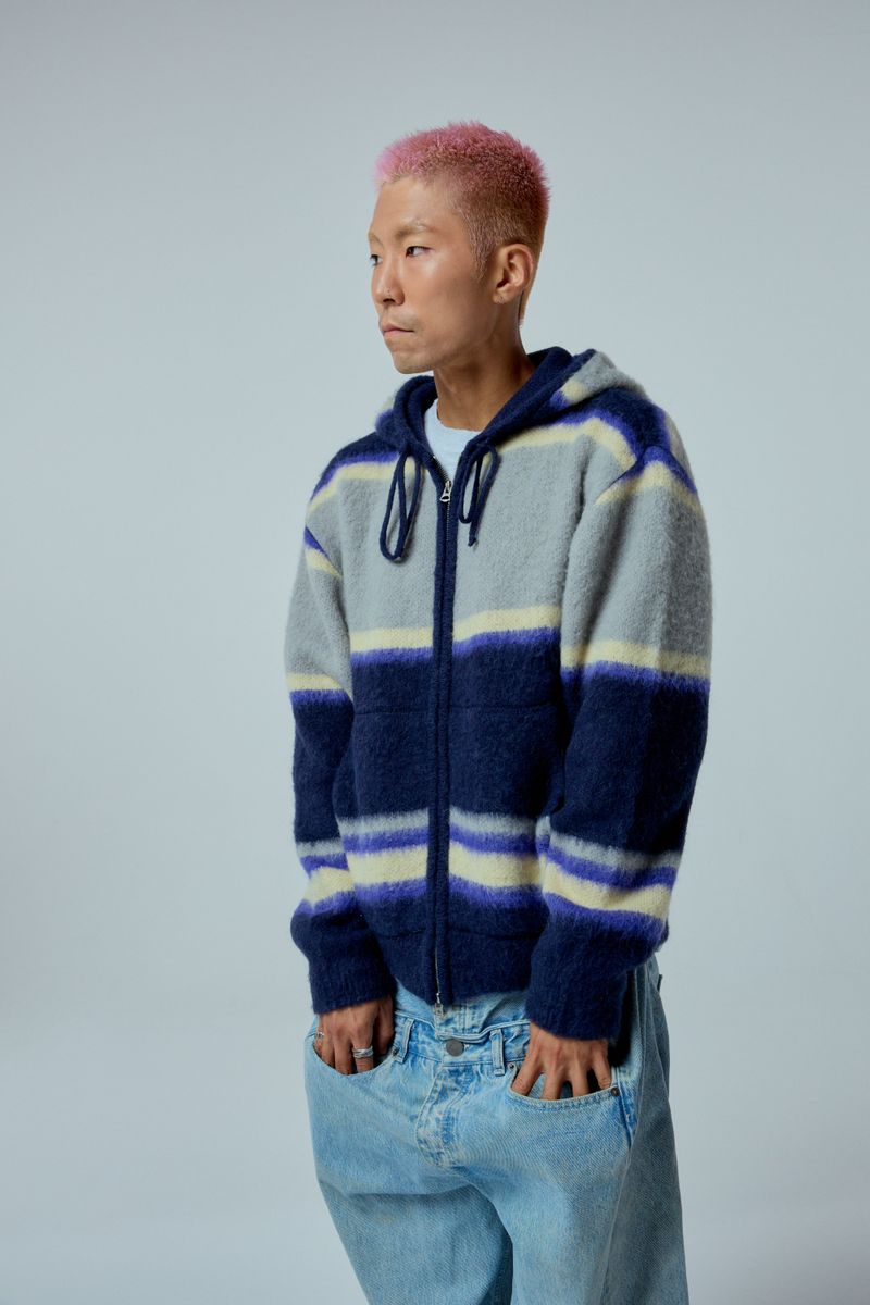 EEERRR Stripe brushed wool knit hoodie zip-up (Navy)