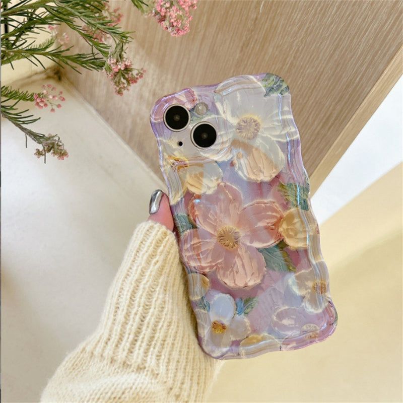 3D Flower Chain Wave Frame iPhone Case with Beaded Wrist Strap