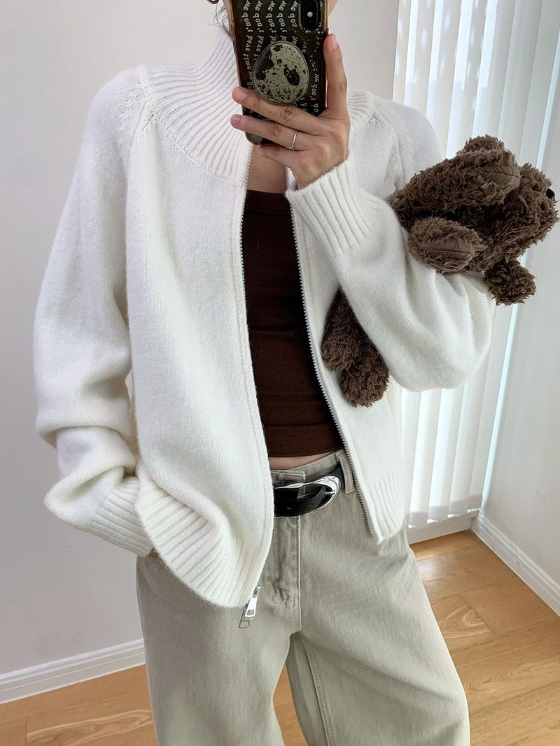 Stand Collar High Neck Zip-Up Long Sleeve Knitwear