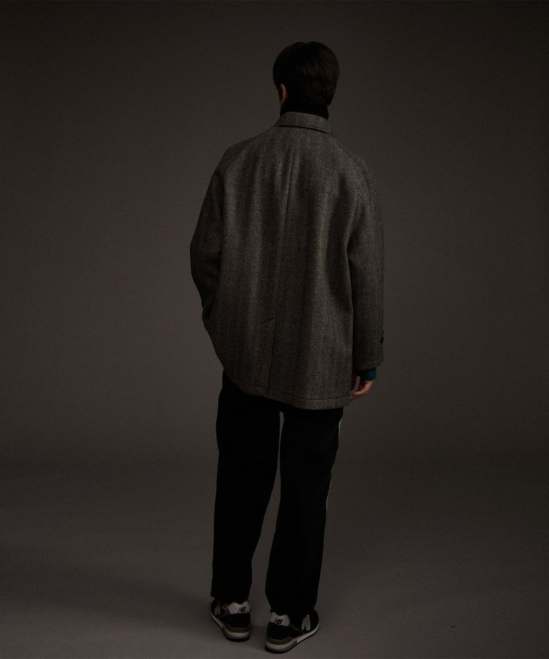 BALMACAAN HERRINGBONE WOOL CASHMERE HALF COAT BLACK