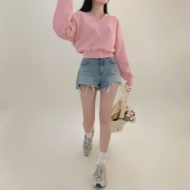 [Bellide made] Pastel V-neck cropped sweatshirt