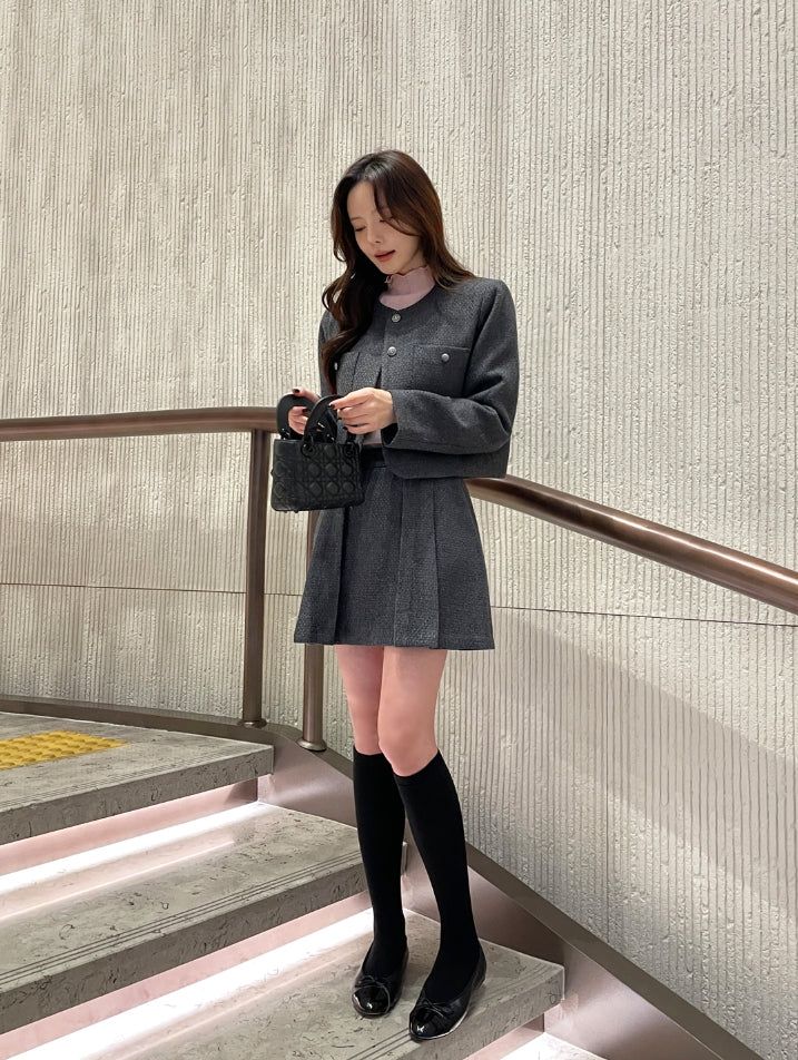 Deli Pocket No Collar Tweed Short Jacket