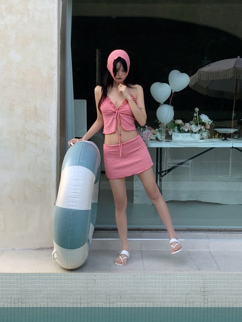 Picnic Girl Gingham Headscarf 3pcs Bikini SET