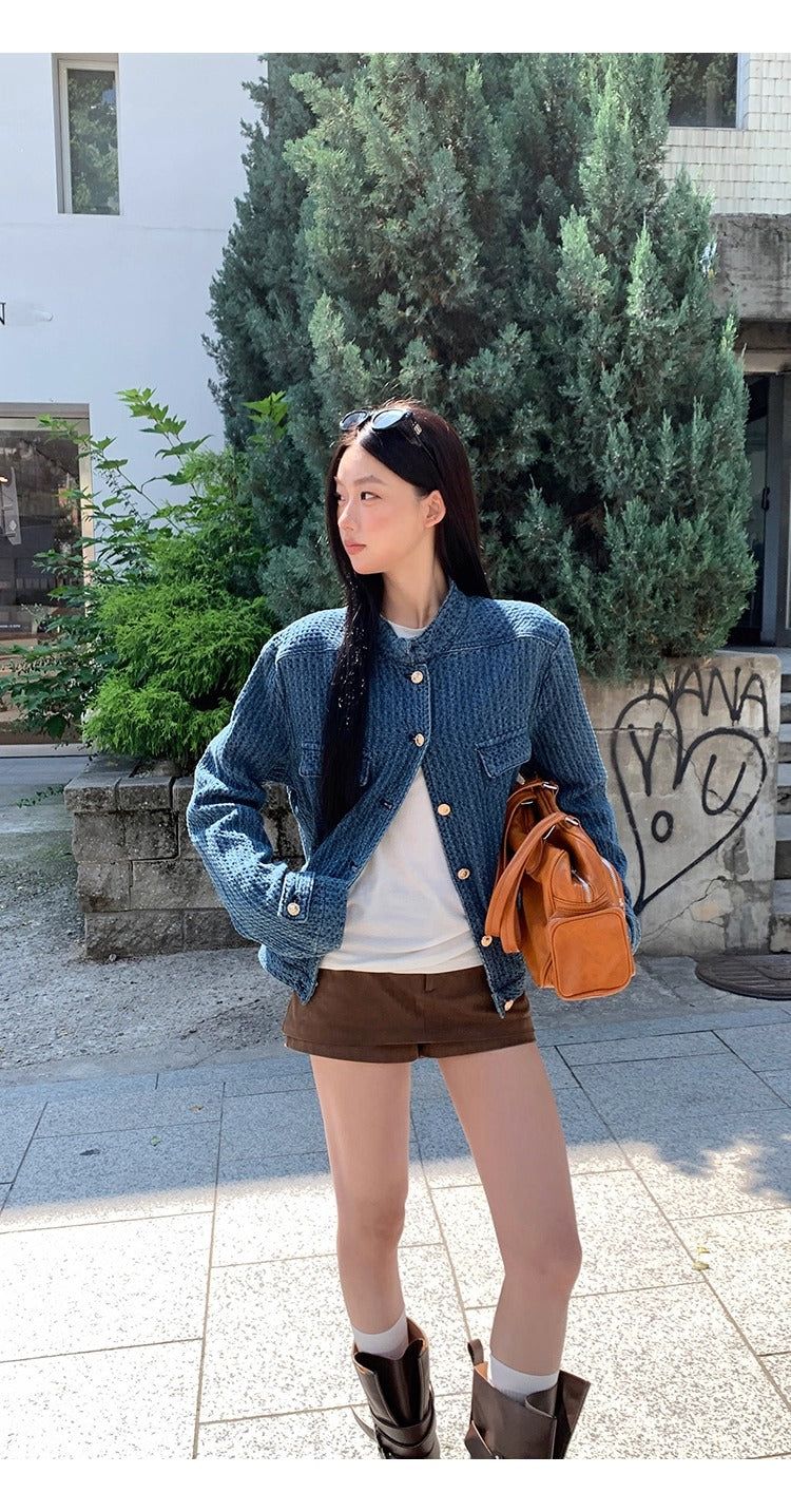 Blue casual gold button denim jacket