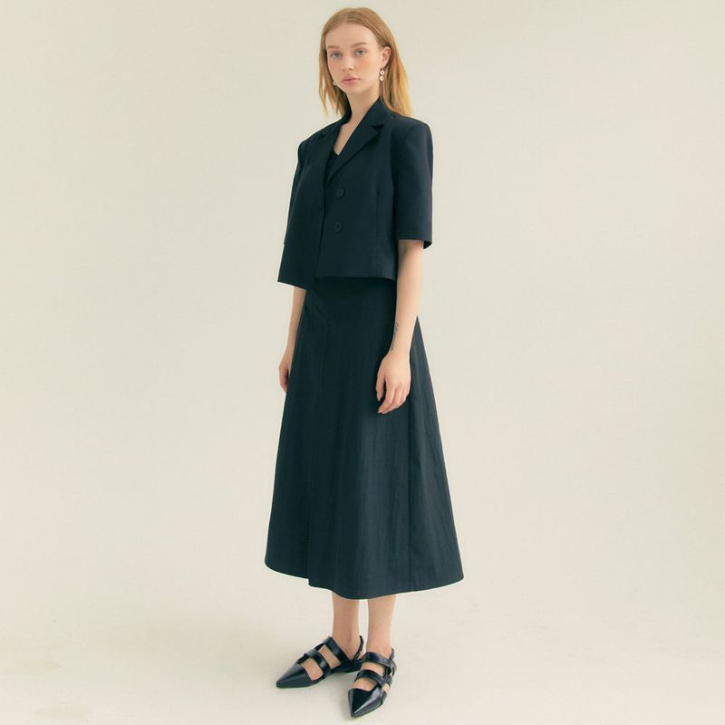 Cotton Pleats A-Line Long Skirt (Black)