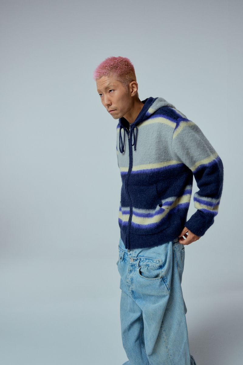 EEERRR Stripe brushed wool knit hoodie zip-up (Navy)